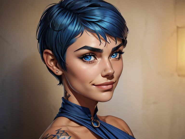 masterpiece, best quality, realistic, girl , quiet and charming , 17 year old, a smirk, closed mouth, ((tan skin)), round nose, portrait, extremely detailed face, cold and smirk, ((tattoo on neck)), ((blue eyes)), ((Blue pixie cut hair)), [thick eyebrows], ((peasant)), Blue uniform, dim light, background