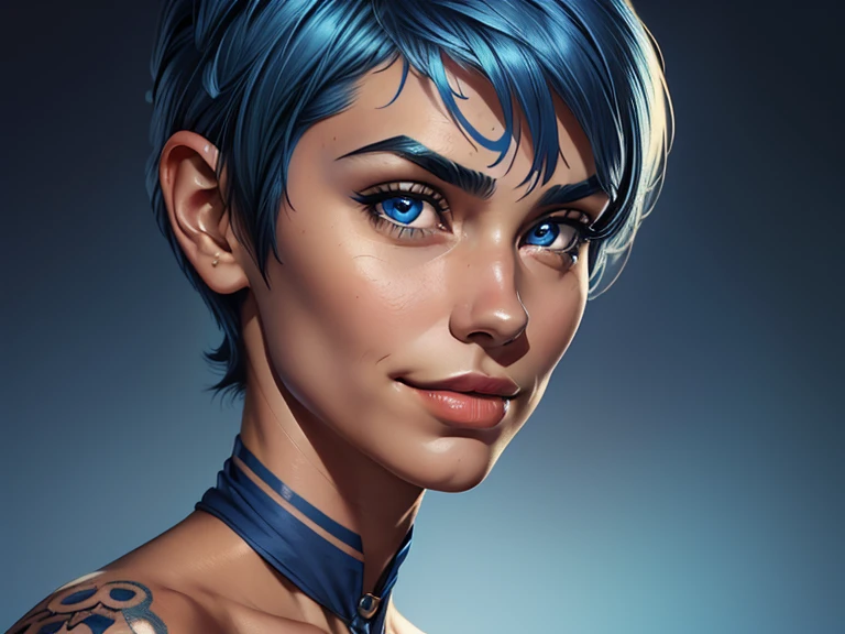 masterpiece, best quality, realistic, girl , quiet and charming , , a smirk, closed mouth, ((tan skin)), round nose, portrait, extremely detailed face, cold and smirk, ((tattoo on neck)), ((blue eyes)), ((Blue pixie cut hair)), [thick eyebrows], ((peasant)), Blue uniform, dim light, background