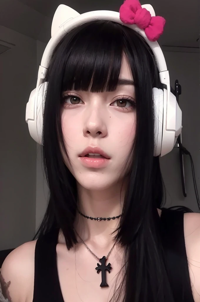 there is a woman con auriculares on and a necklace on, bella delfina, vibraciones de anime, chica anime en la vida real, con auriculares, cruel korean gothic girl, kanliu666, retrato realista kawaii, obra de arte al estilo de guweiz, sakimichan, Usar auriculares para la oreja de gato, 8k selfie photography, estilo animado. 8k