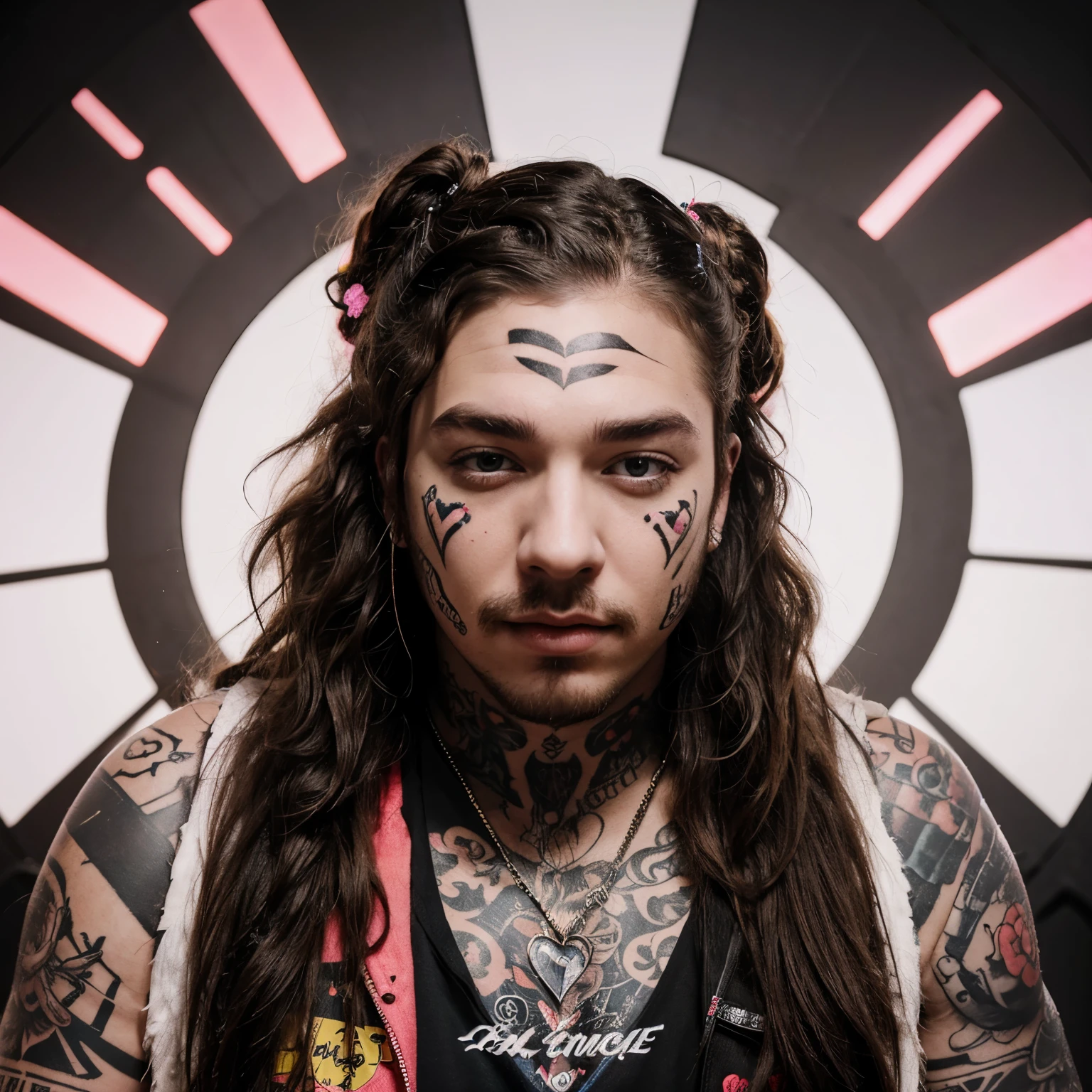 Post Malone with face tattoos, holding a heart, 4K, Highly detailed, graphic art, artwork design, 4K.