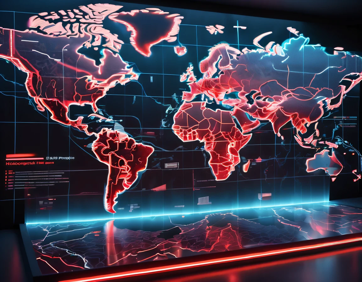 A holographic projection 3D map is displayed in the middle，There are marching routes on the map，Marked with a red arrow on the map，There are coordinates on the map，transparent，cyberpunk，X-ray，fluorescence，neon lights，high tech,Realistic terrain reproduction,precise geographical proportions