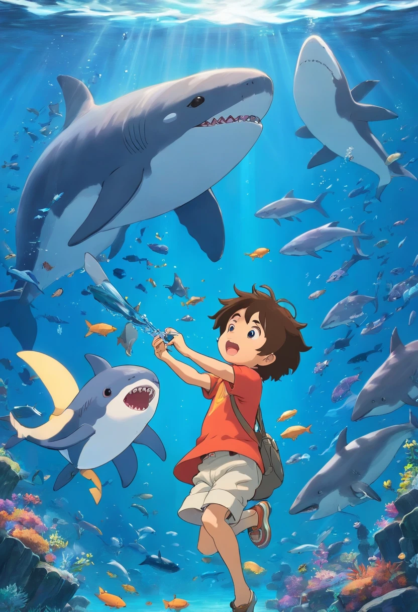 avec son chat, sous l'eau, avec un requin, une baleine et des poissons. Atmosphère aquatique, excentrique, qui cherche des diamands. Luminosité Claire obscure. Trésor perdu.