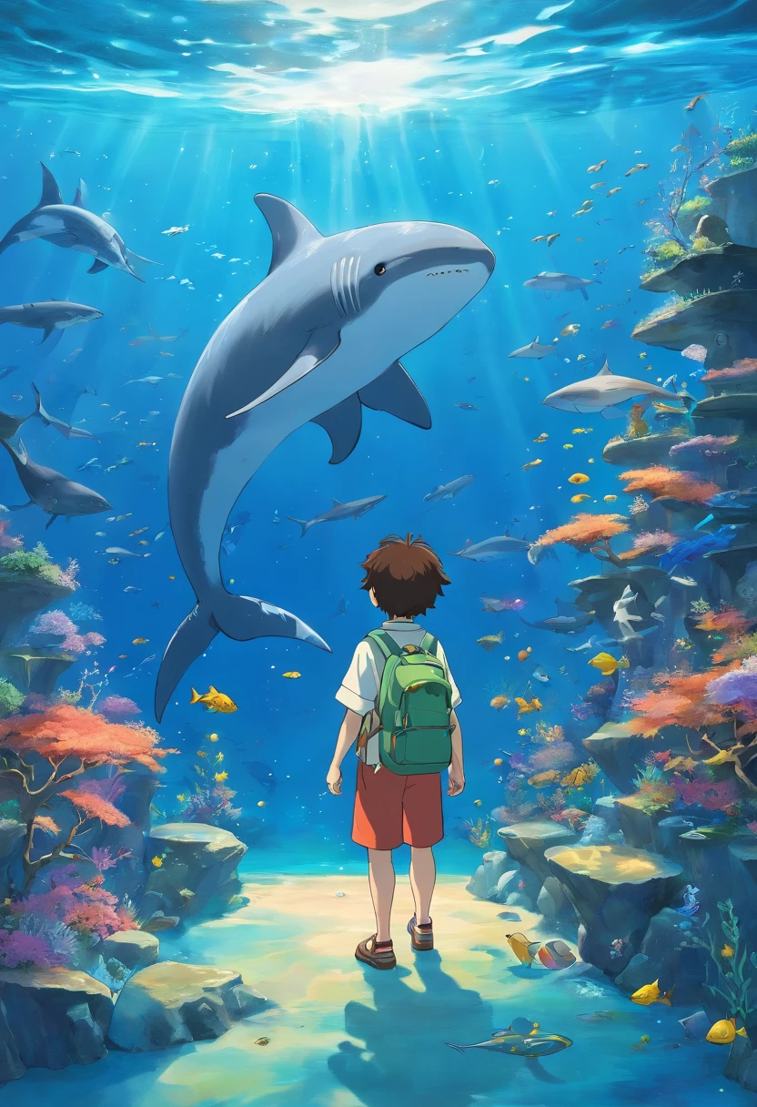 avec son chat, sous l'eau, avec un requin, une baleine et des poissons. Atmosphère aquatique, excentrique, qui cherche des diamands. Luminosité Claire obscure. Trésor perdu.