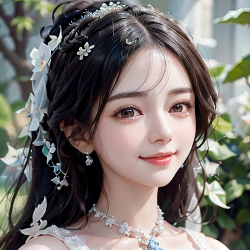 highest quality, ultra nothing, realistic, Photo of one beautiful woman, detailed face, Beautiful black hair, (detailed porcelain dolls,white dress with detailed details), Mansion Pool, (close up face), fascinating look, looking at the viewer, happy smile, Bright lighting,