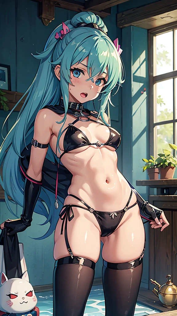 Masterpiece, best quality, A girl slime, Roxy Greyrat from Mushoku Tensei, open mouth, bikini, bondage, related, bdsm