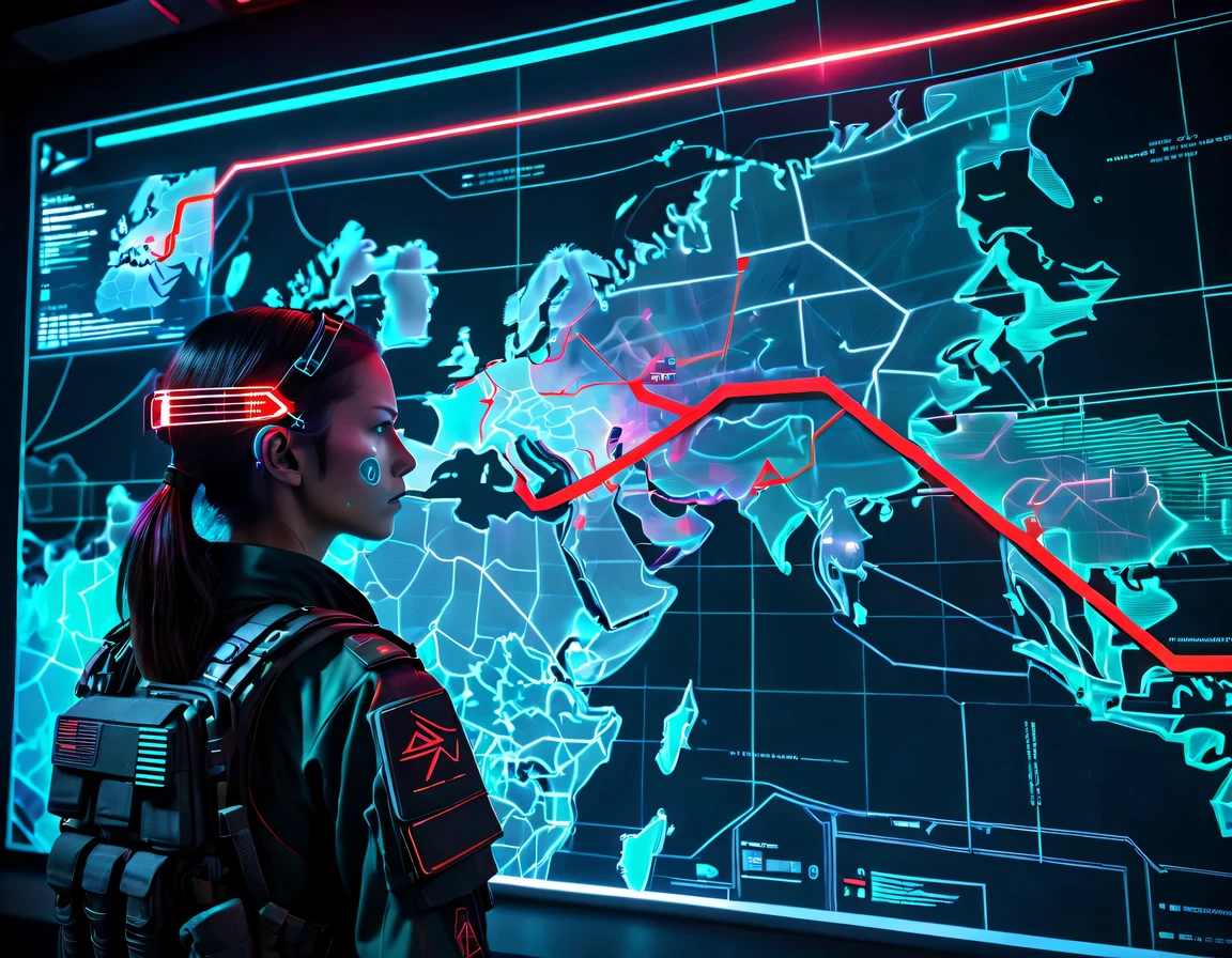 future combat command,The holographic projection image is displayed in the middle,There are marching routes on the map,Marked with a red arrow on the map,There are coordinates on the map,transparent,cyberpunk,X-ray,fluorescence,neon lights,high tech,girl'The digitized face of s appears on the map
