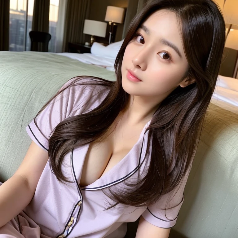 face like kim tae hee、looking at the viewer、spoiled look、In a sweet room on the top floor of a high-rise hotel、 girl、Wearing pajamas that are popular in America、E cup breast bulge、You can see the morning sun outside the window、