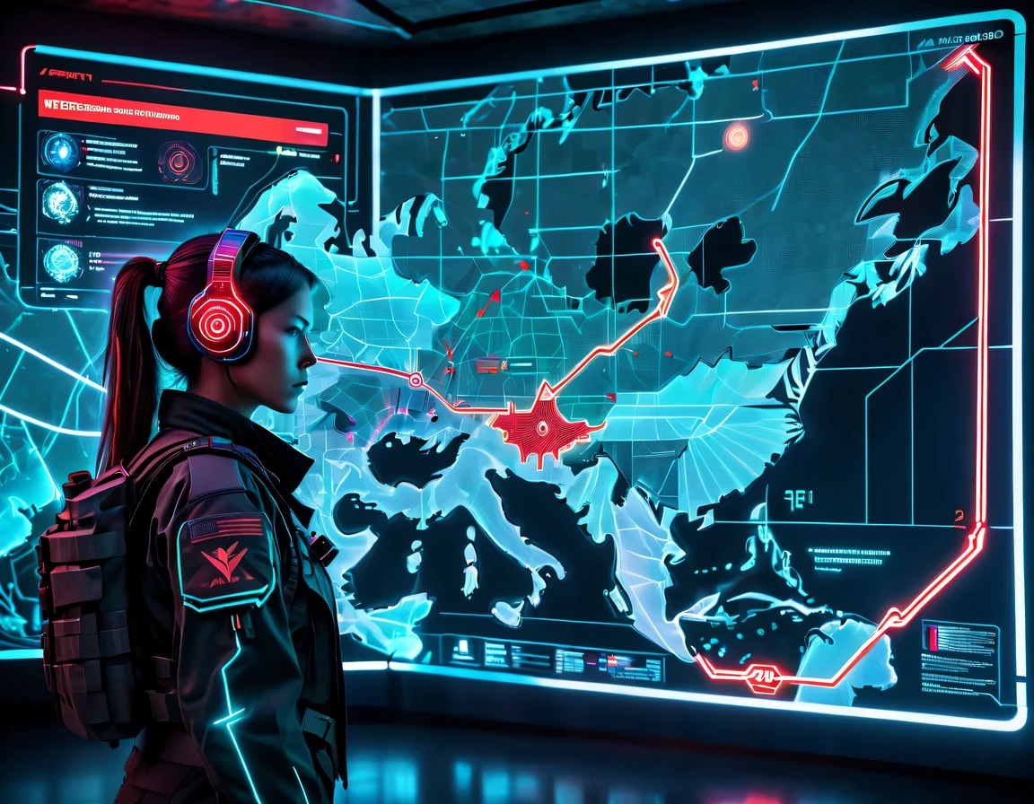future combat command,The holographic projection image is displayed in the middle,There are marching routes on the map,Marked with a red arrow on the map,There are coordinates on the map,transparent,cyberpunk,X-ray,fluorescence,neon lights,high tech,girl'The digitized face of s appears on the map