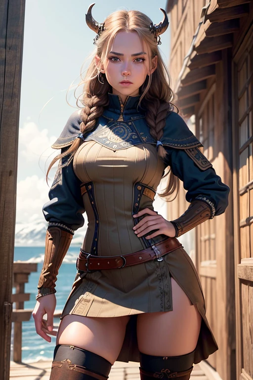 (Obra maestra, La mejor calidad) young nordic woman of 18 years, Cabello largo, ojos azules, cabello rubio, brown hair, tenencia, boca cerrada, Parte superior del cuerpo, arma, trenza, al aire libre, tenencia arma, armadura vikinga, ropa vikinga, realista.