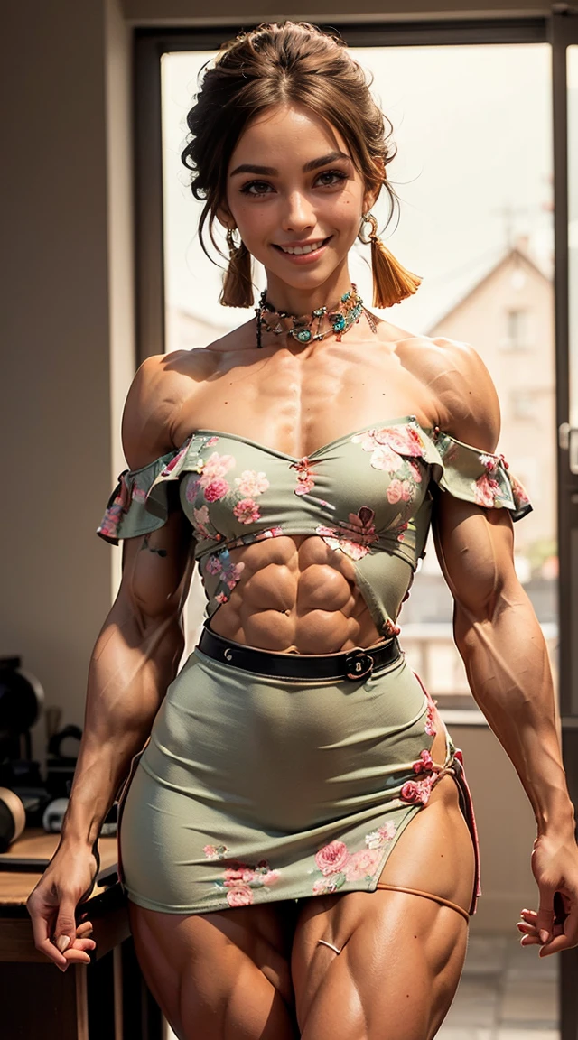 (Muscular:2.1), (thick muscular thighs, wide hips:2), (latina female, tan skin:1.5), (bangs), (glasses), earings, eyeshadow, lipstick, bokeh, (freckles:0.9), (upper body view), (striations), (hard nipples:1.1), (small perky breasts:1.4), choker, (Off-the-shoulder mini dress in a bright floral print, tassel necklace:1.5), (sculped muscles:1.4), detailed eyes, (athletic body:1.3), (muscular body:1.9), (looking at viewer), (smile, naughty look:1.5), dark bedroom, (dawn lighting), rim lighting, two tone lighting, dimly lit, clean skin, low key (DETAILED SKIN)