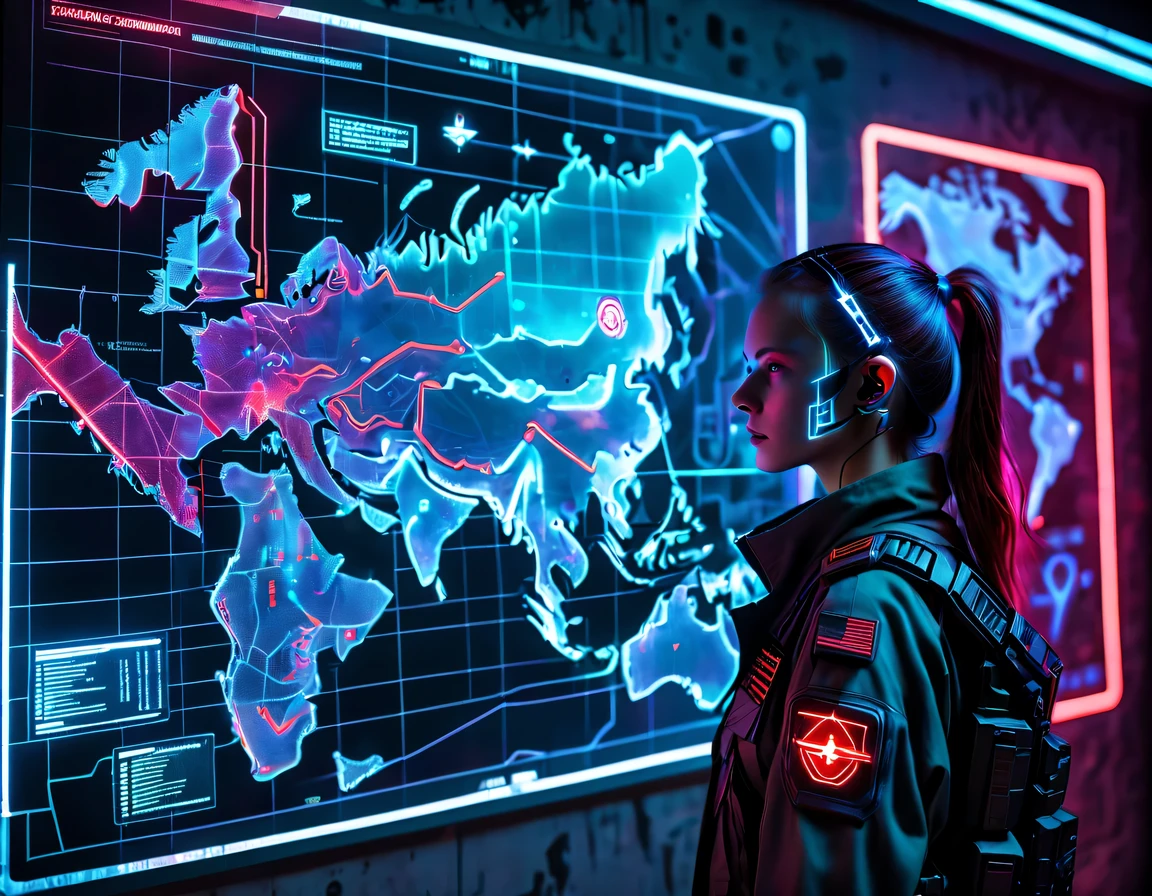 future combat command，Hologram projection hanging on the wall，There are marching routes on the map，Marked with a red arrow on the map，There are coordinates on the map，transparent，cyberpunk，X-ray，fluorescence，neon lights，high tech，girl&#39;The digitized face of s appears on the map