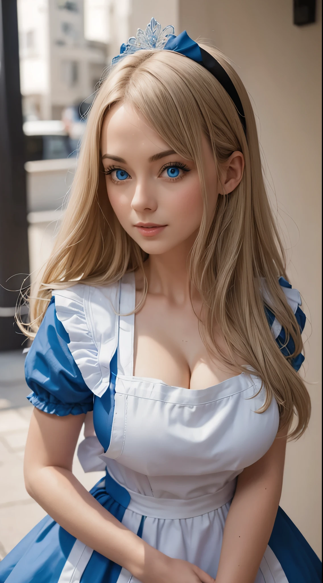 Alice Liddell, 28, wearing a blue mini dress and a white apron. black diadem on the head. sensual blue eyes. blond hair. big breasts.