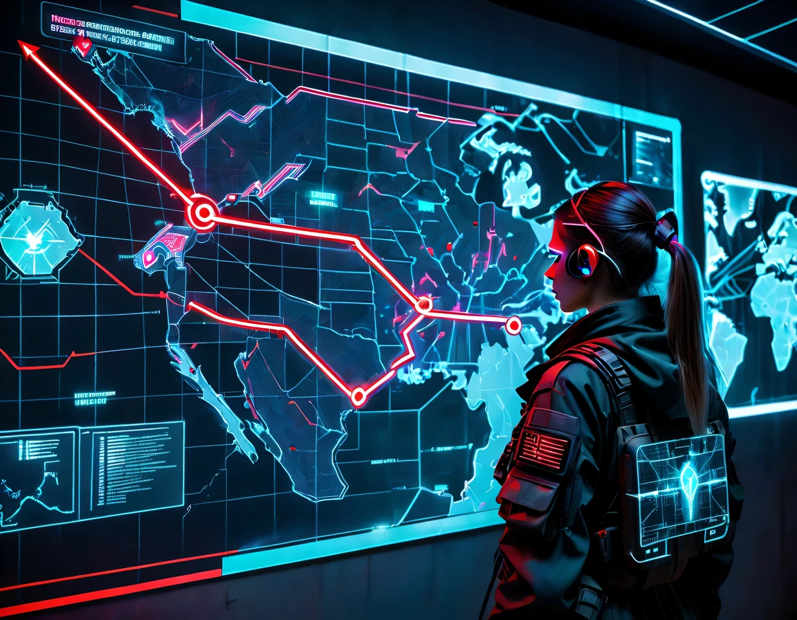 future combat command，Hologram projection hanging on the wall，There are marching routes on the map，Marked with a red arrow on the map，There are coordinates on the map，transparent，cyberpunk，X-ray，fluorescence，neon lights，high tech，girl&#39;The digitized face of s appears on the map