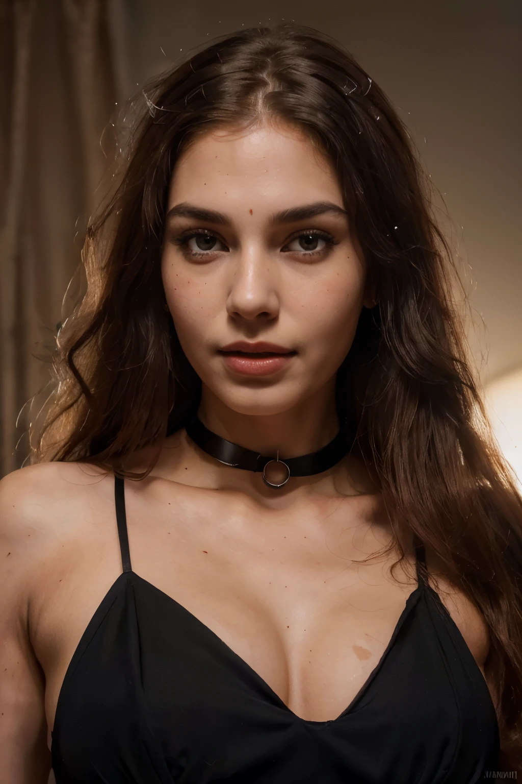 Full face portrait photo of a 20-year-old White Indian girl, RAW, beautiful girl, semi-open strawberry red lips, dimples, wistful look, (heavy Red coloured hair), ((detailed oval shaped face)), ((detailed facial featureinely detailed & clear skin with no marks & no pimples), very radiant & fair skin, (deep neckline & visible collar bones detailed high-tech Single peace black party dress), Photoshoot environment, (photorealistic:1.4),8k,(masterpiece), best quality, highest quality, (detailed face:1.5),original,highres, unparalleled masterpiece, ultra realistic 8k, perfect artwork, ((perfect female figure)),,detailed skin, epiCRealism, fcPortrait