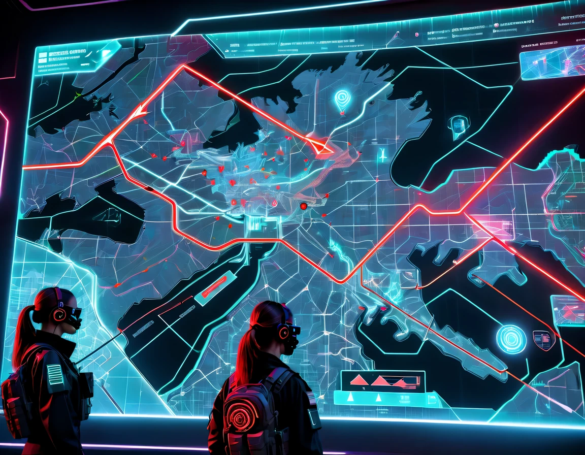 future combat command，The holographic projection image is displayed in the middle，There are marching routes on the map，Marked with a red arrow on the map，There are coordinates on the map，transparent，cyberpunk，X-ray，fluorescence，neon lights，high tech，girl&#39;The digitized face of s appears on the map