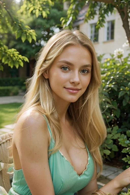 beautiful blonde woman, detailed eyes and face, long blonde hair, graceful smile, elegant posture, soft sunlight, vibrant colors, natural beauty, flawless skin, stylish attire, fashionable accessories, confident demeanor, outdoor setting, blooming flowers, green garden, serene atmosphere, professional photography, high-resolution image, stunning portrait