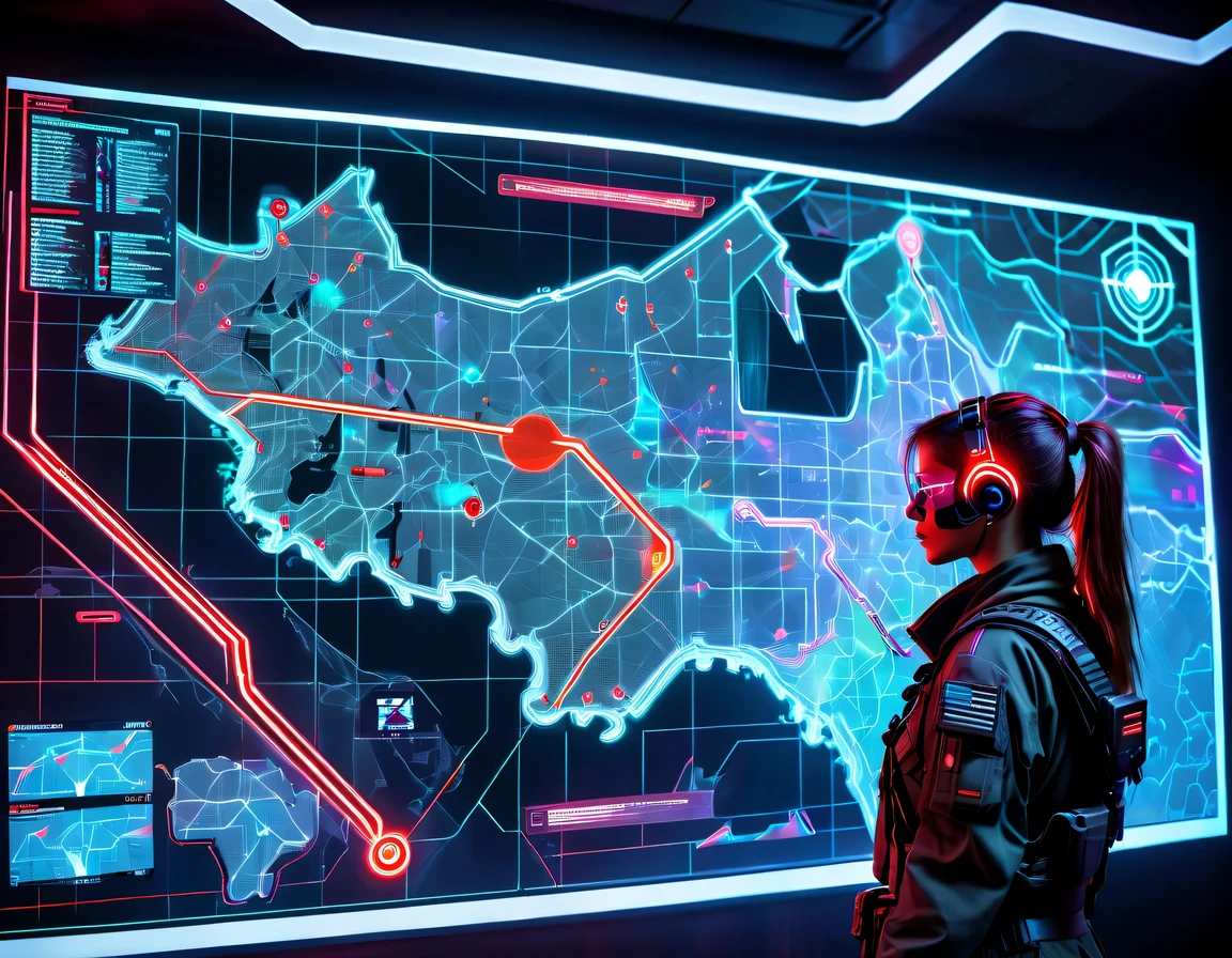 future combat command,Hologram projection hanging on the wall,There are marching routes on the map,Marked with a red arrow on the map,There are coordinates on the map,transparent,cyberpunk,X-ray,fluorescence,neon lights,high tech,girl'The digitized face of s appears on the map