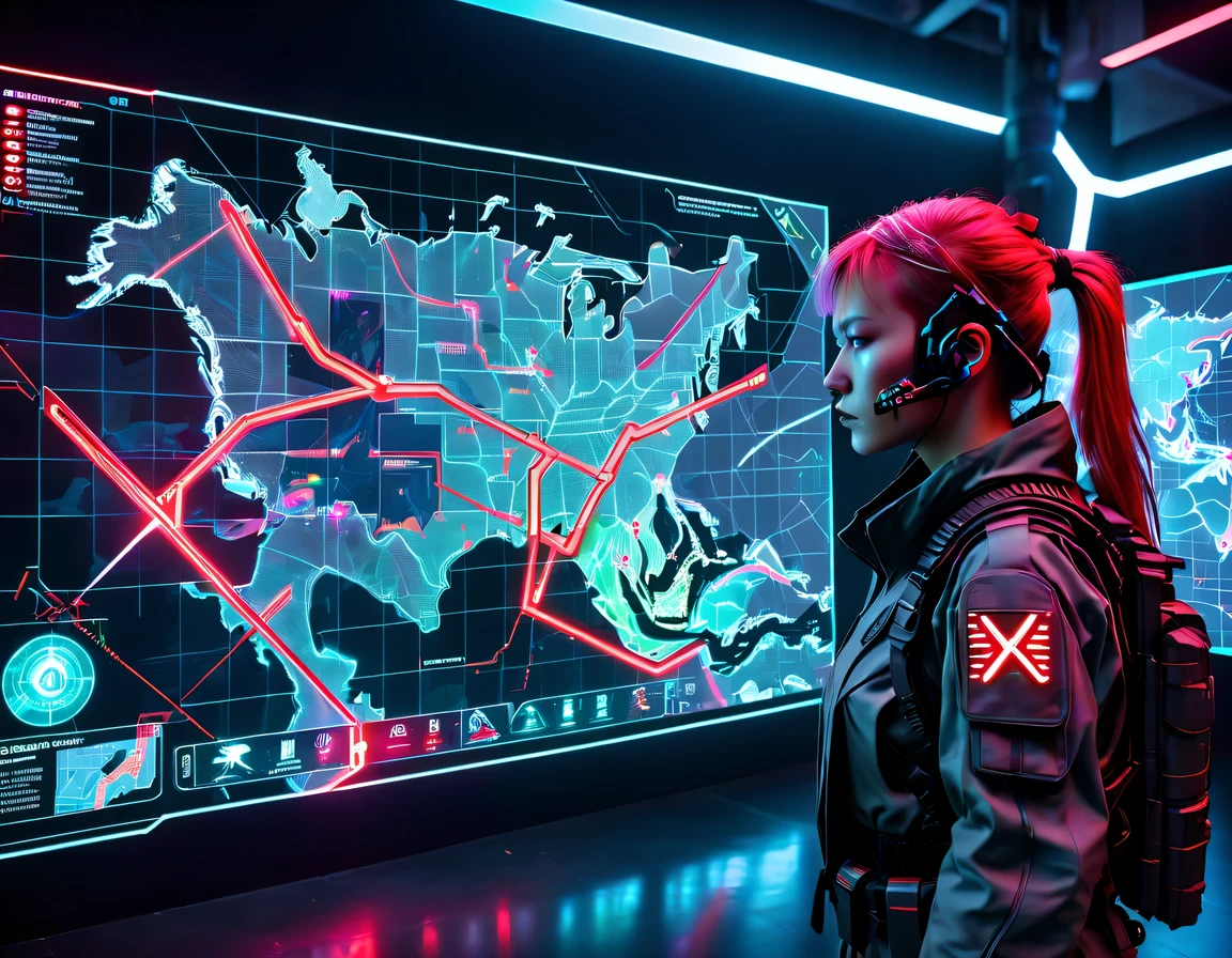 future combat command，The holographic projection image is displayed in the middle，There are marching routes on the map，Marked with a red arrow on the map，There are coordinates on the map，transparent，cyberpunk，X-ray，fluorescence，neon lights，high tech，girl&#39;The digitized face of s appears on the map