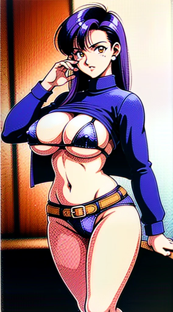 1990s, (masterpiece), high-definition, detailed face, korean girl, abs, (big tits: 1.4) big hips, messy (dark purple and blue hair), orange eyes, grey turtleneck sweater, jacket, (red tight skirt: 1.3), belt, (thong: 1.4), thigh high stockings, boots, fishnet, city, selfie