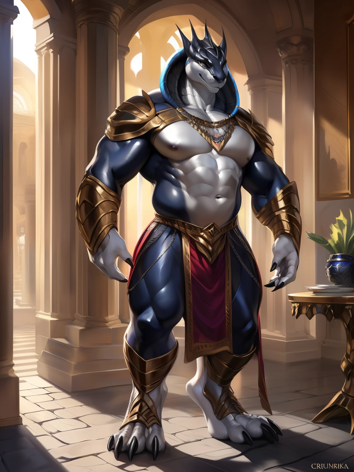 Anubis standing over the viewer, nude, sheath and balls.
