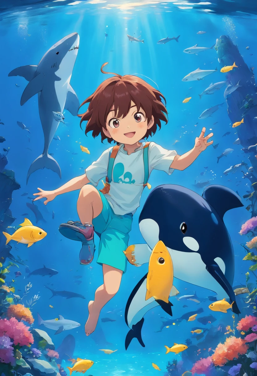 Petit garçon avec son chat, chat mignon, sous l'eau, entourés de requin, une baleine et des poissons. Atmosphère aquatique, excentrique, qui cherche des diamands. Luminosité Claire obscure. Trésor perdu. 