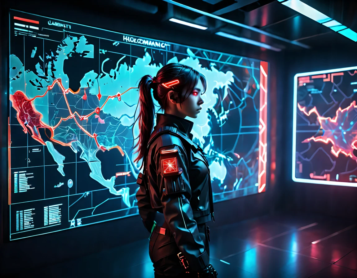 future combat command,Hologram projection hanging on the wall,There are marching routes on the map,Marked with a red arrow on the map,There are coordinates on the map,cyberpunk,X-ray,fluorescence,neon lights,high tech,girl'digital faces on screen