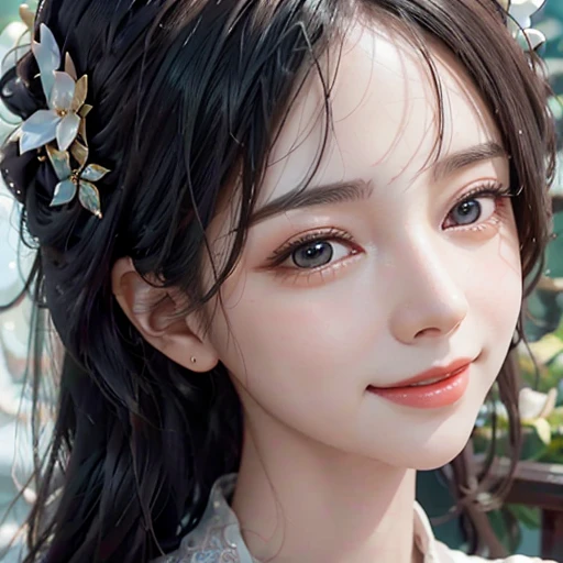 highest quality, ultra nothing, realistic, Photo of one beautiful woman, detailed face, Beautiful black hair, (detailed porcelain dolls,white dress with detailed details), Mansion Pool, (close up face), fascinating look, looking at the viewer, happy smile, Bright lighting, 