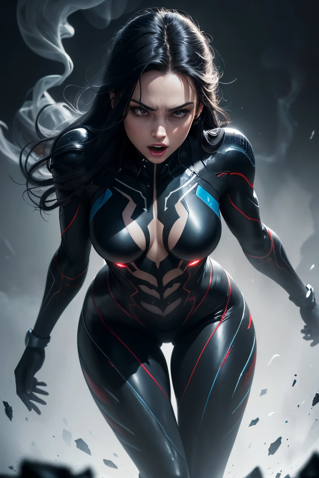 (best quality,highres:1.2),ultra-detailed,(realistic:1.37),(photorealistic:1.37),Venom Marvel 2099,full body photo,portrait,sci-fi,spider-infused symbiote suit,dark background,shiny metallic texture,glowing white eyes,body contorted in dynamic pose,venomous tongue,lithe muscular build,intimidating presence,sharp fangs,long black tendrils,blue and black color scheme,ominous lighting,hint of smoke and mist,vivid colors