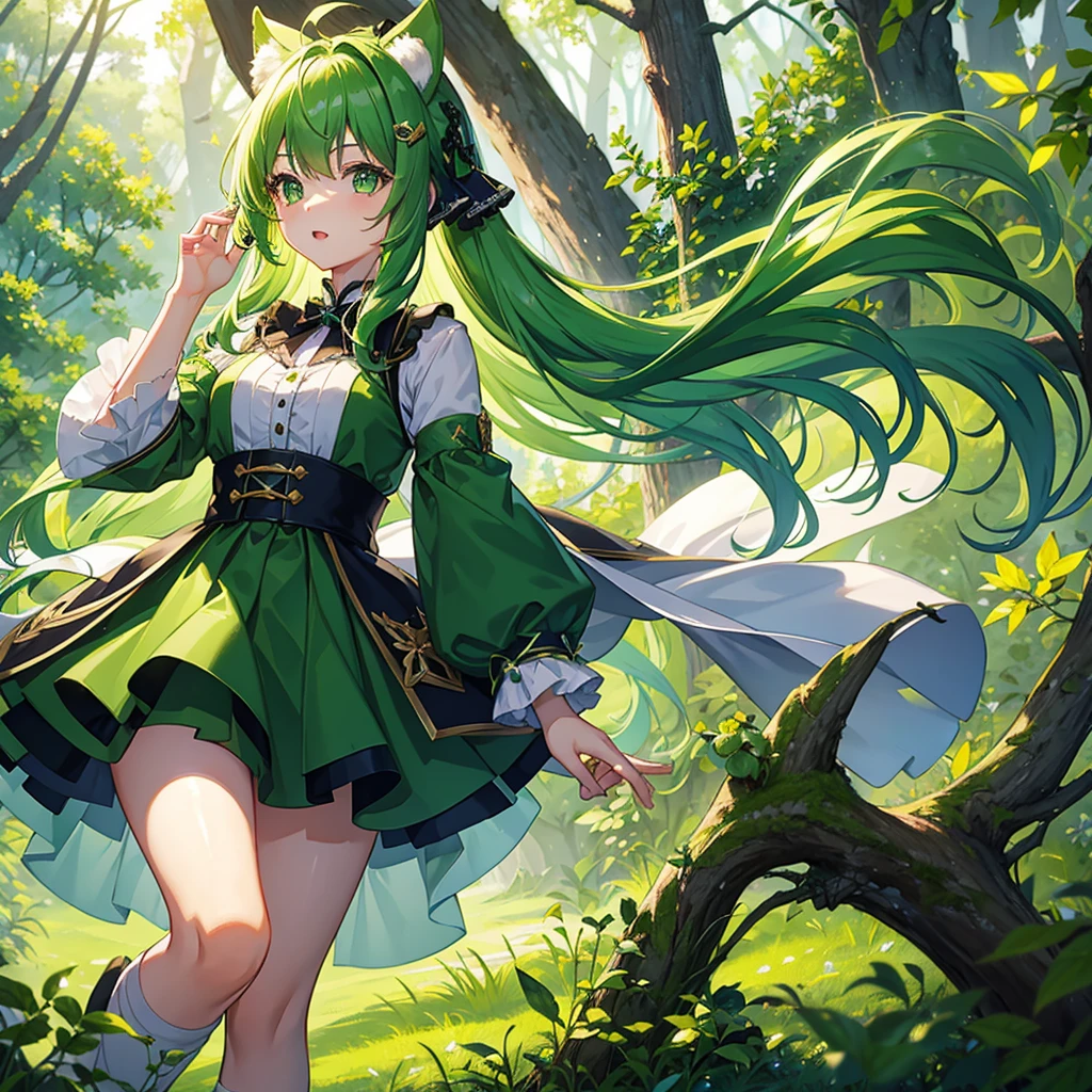 highest quality、masterpiece、girl、Green-haired twin-tailed、green eyes、green clothes、green skirt、green forest、green animal ears