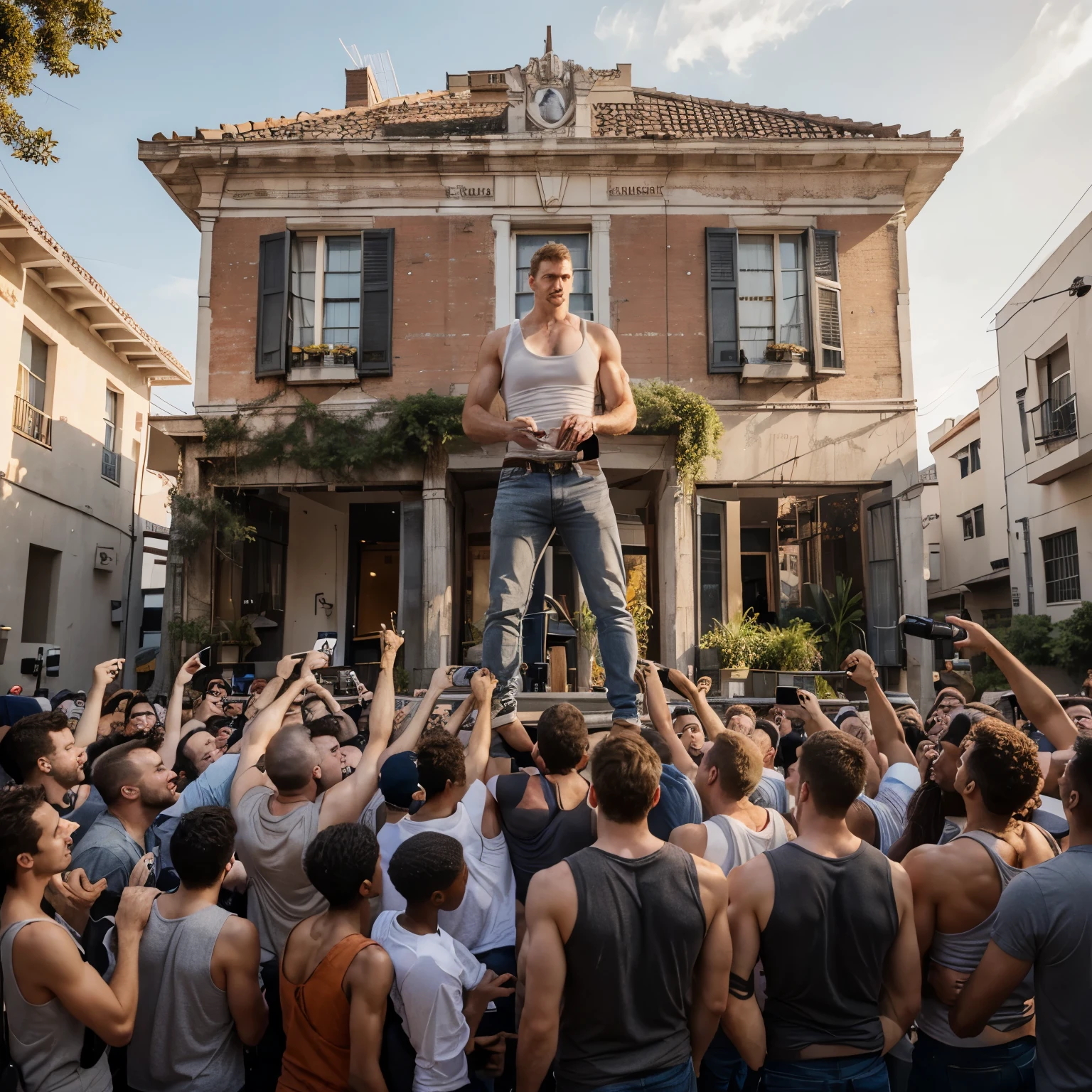 Incredible tall and strong giant young white man with grey tank top and jeans, he is as tall as the building, a group of short men