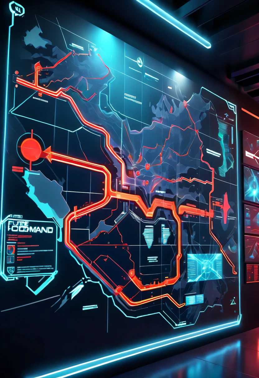 future combat command,Hologram projection hanging on the wall,There are marching routes on the map,Marked with a red arrow on the map,There are coordinates on the map,cyberpunk,X-ray,fluorescence,neon lights,high tech,