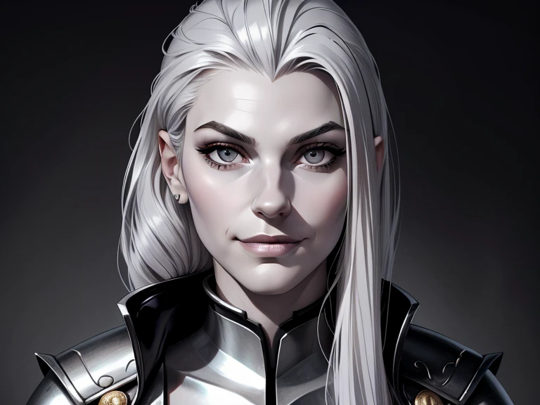 masterpiece, best quality, realistic, 1male, mature female, quiet and charming young girl, 18 year old, a smirk, closed mouth, white skin, portrait, extremely detailed face, cold and smirk, ((small dark gray eyes)), (( Platinum hair)), muscular, [thin eyebrows], dark palace, ((Prince)), dim light, evil, metallic background