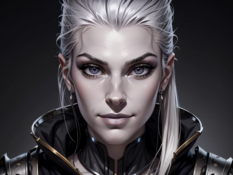 masterpiece, best quality, realistic, 1male, mature female, quiet and charming young girl, 18 year old, a smirk, closed mouth, white skin, portrait, extremely detailed face, cold and smirk, ((small dark gray eyes)), (( Platinum hair)), muscular, [thin eyebrows], dark palace, ((Prince)), dim light, evil, metallic background