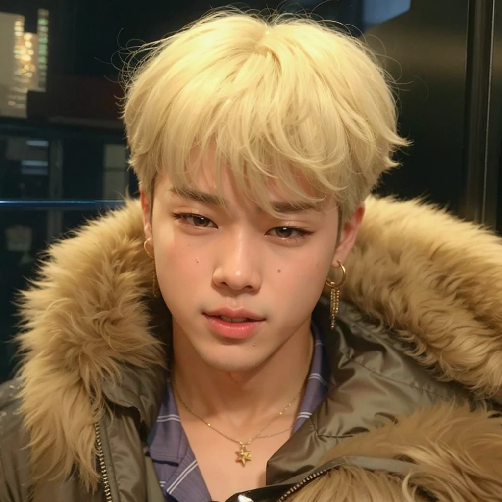 menino araffed com cabelos loiros e um casaco de pele em um trem, accurate Jimin face, Jimin\the full lips, Jimin\the right eyelid is swollen, park Jimin, Jimin\o nariz grego, Jimin, Kim Doyoung, Jung Jaehyun, taejune kim, hyung tae, Yanjun Chengt, Hong junho hyung, menino loiro com olhos amarelos