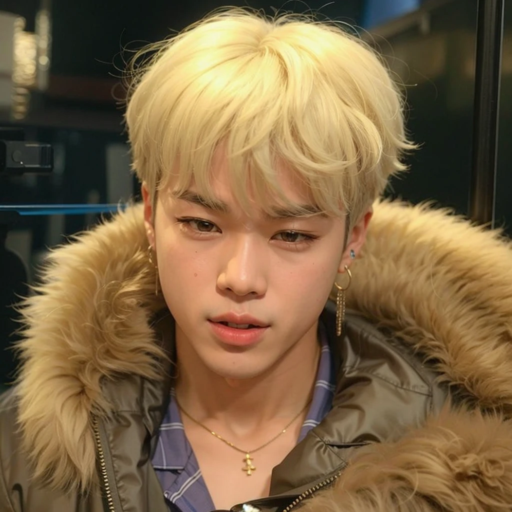 menino araffed com cabelos loiros e um casaco de pele em um trem, accurate Jimin face, Jimin\the full lips, Jimin\the right eyelid is swollen, park Jimin, Jimin\o nariz grego, Jimin, Kim Doyoung, Jung Jaehyun, taejune kim, hyung tae, Yanjun Chengt, Hong junho hyung, menino loiro com olhos amarelos