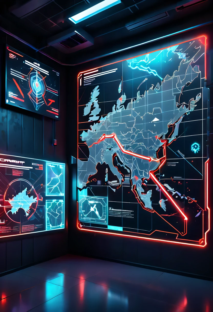 future combat command,Hologram projection hanging on the wall,There are marching routes on the map,Marked with a red arrow on the map,There are coordinates on the map,cyberpunk,X-ray,fluorescence,neon lights,high tech,command hall,