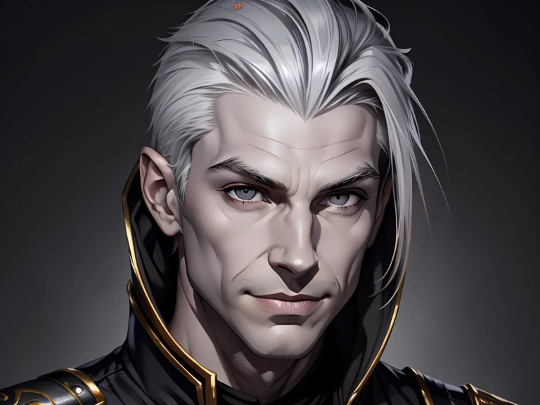 masterpiece, best quality, realistic, 1male, mature male, quiet and charming young man, 18 year old, a smirk, closed mouth, white skin, portrait, extremely detailed face, cold and smirk, ((small dark gray eyes)), (( Platinum hair)), muscular, [thin eyebrows], dark palace, ((Prince)), dim light, evil, metallic background