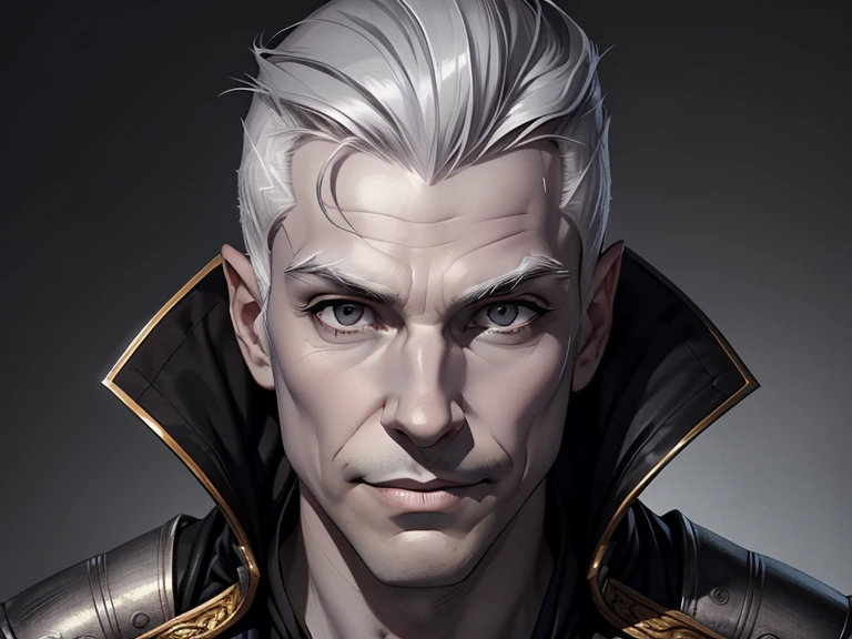 masterpiece, best quality, realistic, 1male, mature male, quiet and charming young man, 18 year old, a smirk, closed mouth, white skin, portrait, extremely detailed face, cold and smirk, ((small dark gray eyes)), (( Platinum hair)), muscular, [thin eyebrows], dark palace, ((Prince)), dim light, evil, metallic background