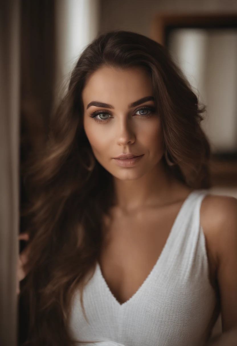 femme arafée avec un débardeur blanc et un collier, fille sexy aux yeux verts, Portrait de Sophie Mudd, cheveux bruns et grands yeux, selfie d'une jeune femme, yeux de la chambre, Violette Myers, sans maquillage, Maquillage naturel, regarder directement la caméra, visage avec artgram, maquillage subtil, stunning tout le corps shot, yeux verts perçants, bel angle, pose attrayante, jolie fille, pose sexy, tout le corps picture, tout le corps, tout le corps shoot, déesse brune, détail élevé, pose satisfaite, Pantalon en cuir,dans un centre commercial