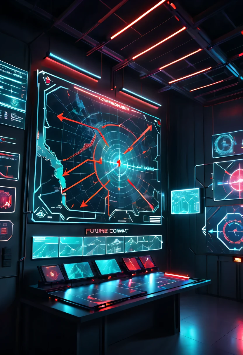 future combat command，Hologram projection hanging on the wall，There are marching routes on the map，Marked with a red arrow on the map，There are coordinates on the map，cyberpunk，X-ray，fluorescence，neon lights，high tech，command hall，