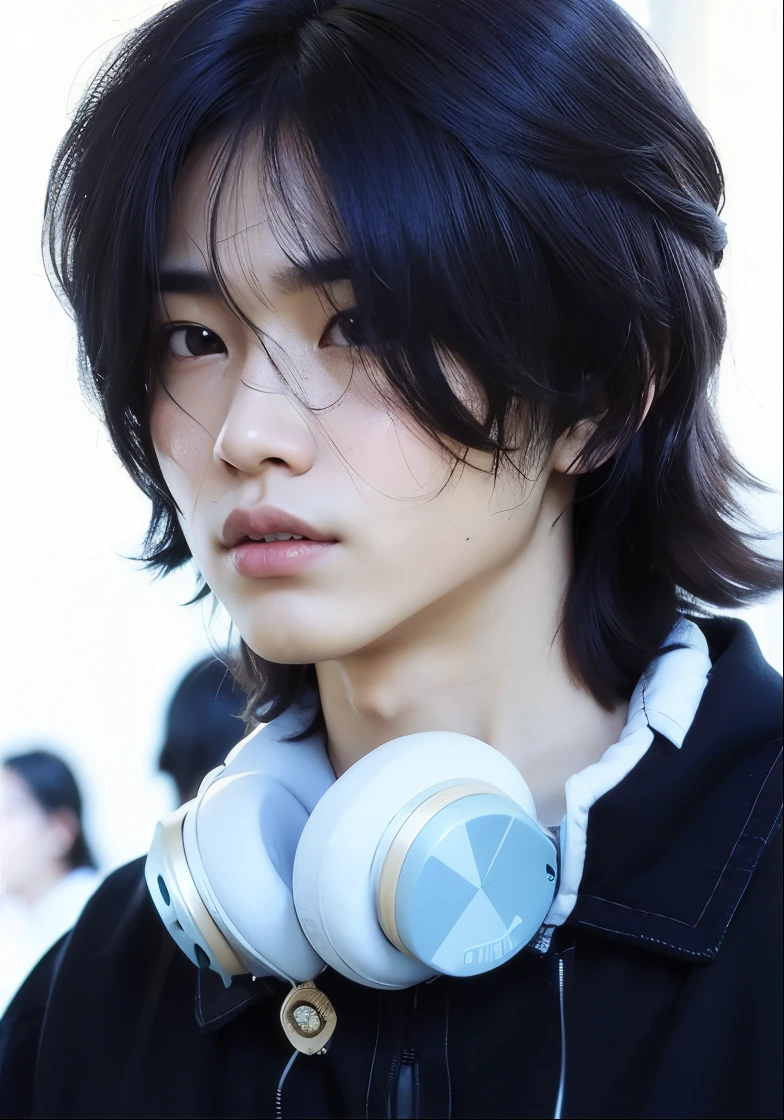 arafed asian man com fones de ouvido on looking at his phone, Jung Jaehyun, sui ishida com cabelo preto, young pale angel, com seus longos cabelos negros, adorable and pale korean face, com fones de ouvido, pintar ulzzang, inspirado em Zhang Han, cabelo longo e espetado e macio, com fones de ouvido, Jinyoung Shin, beautiful young prince