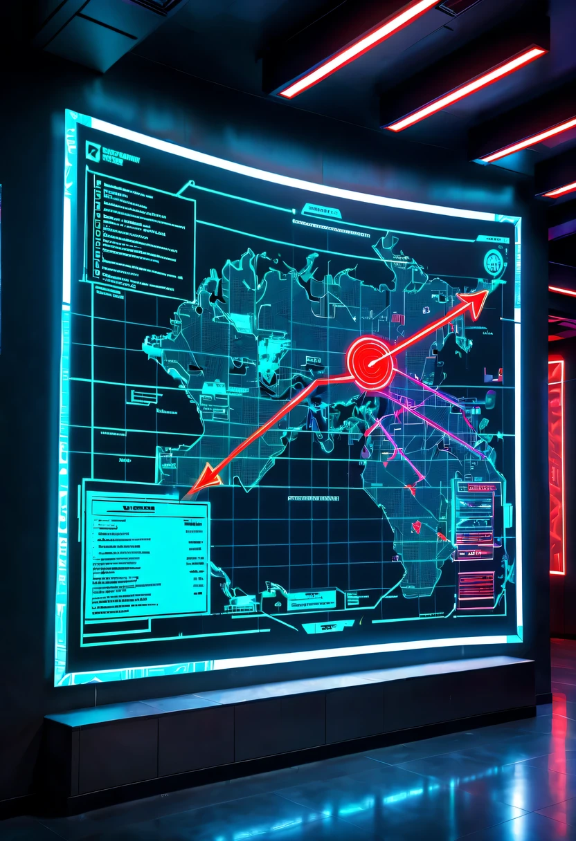 future combat command,Hologram projection hanging on the wall,There are marching routes on the map,Marked with a red arrow on the map,There are coordinates on the map,cyberpunk,X-ray,fluorescence,neon lights,high tech,command hall,Control lobby