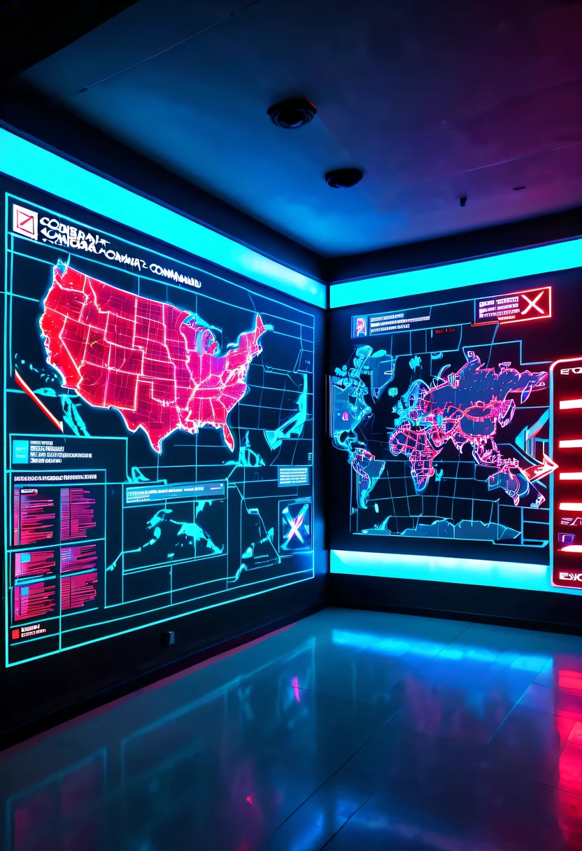 future combat command,Hologram projection hanging on the wall,There are marching routes on the map,Marked with a red arrow on the map,There are coordinates on the map,cyberpunk,X-ray,fluorescence,neon lights,high tech,command hall,Control lobby