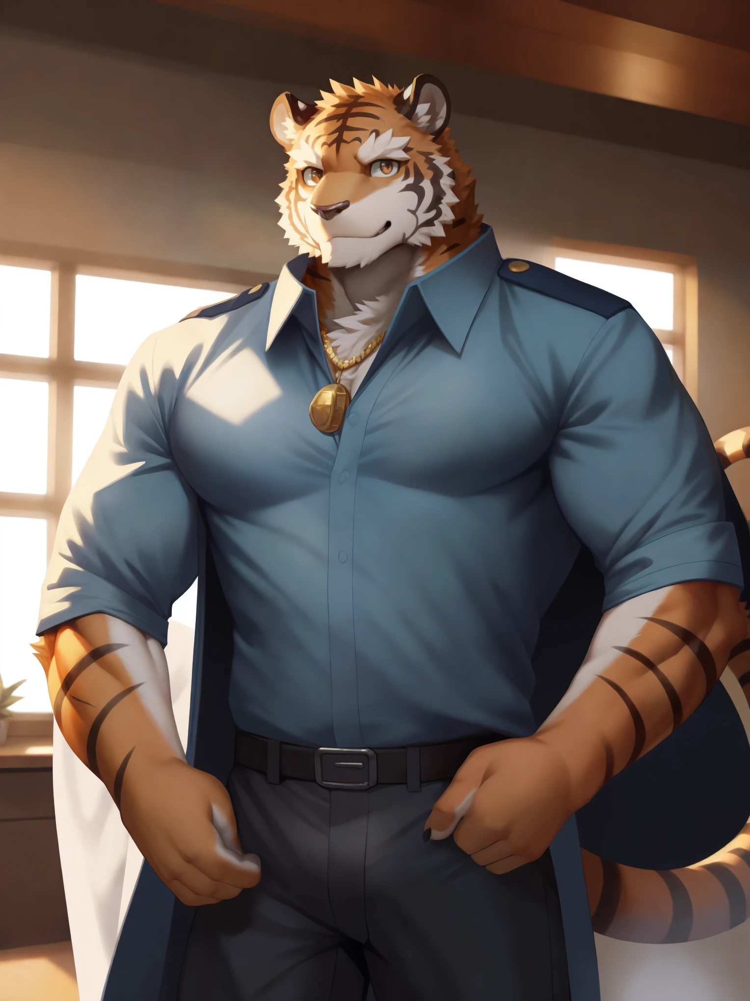solo,anthro,furry,furry male, ((grant)), ((fluffy fur,fluffy,furry body)), (Tiger), (black body), big muscles, decorative coat, detailed fluffy fur, black chest, detailed face, detailed eyes, decorative black coat, gold accessory, necklace, blue shirt, sleeves rolled up, uniform, slack pants, black stripes, black slack pants, decorative coat, gold trimmings, tail accessory, tiger tail, full body, claws, fantasy grand monastery, red undershirt, (by null-ghost,by raccoon21, masterpiece, high quality,hi-res,8k had), standing pose,close-view portrait, looking at viewer, indoor, lights, calm expression, smirk, grant, solo, looking at viewer.