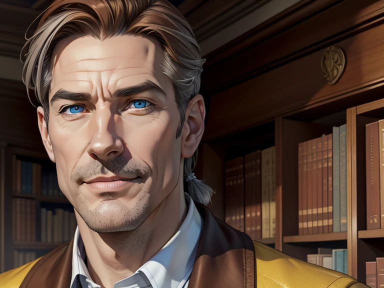 masterpiece, best quality, realistic, 1man, mature male, quiet and charming man, 44 year old, a smirk, closed mouth, pale skin, portrait, extremely detailed face, cold and smirk, thin face , ((blue eyes)), ((chestnut brown hair with gray streaks)), [thick eyebrows], yellow outfit, ((Scholar)), dim light, evil, Library background