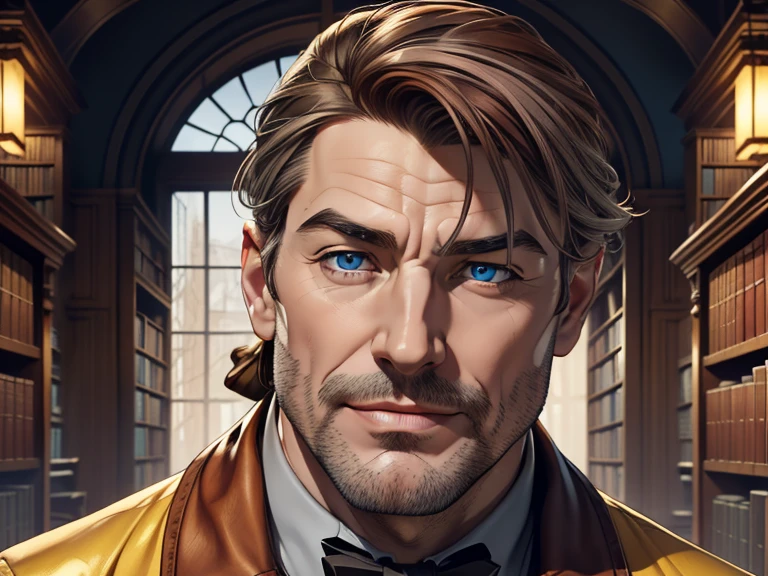 masterpiece, best quality, realistic, 1man, mature male, quiet and charming man, 44 year old, a smirk, closed mouth, pale skin, portrait, extremely detailed face, cold and smirk, thin face , ((blue eyes)), ((chestnut brown hair with gray streaks)), [thick eyebrows], yellow outfit, ((Scholar)), dim light, evil, Library background