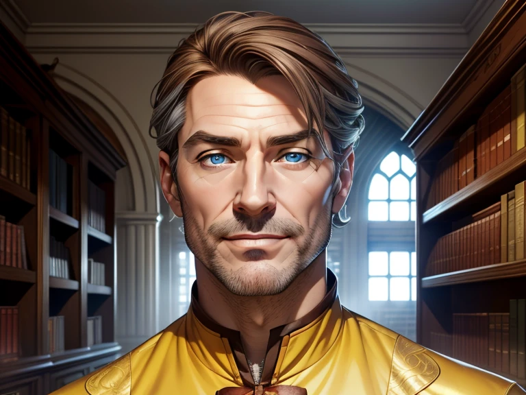 masterpiece, best quality, realistic, 1man, mature male, quiet and charming man, 44 year old, a smirk, closed mouth, pale skin, portrait, extremely detailed face, cold and smirk, thin face , ((blue eyes)), ((chestnut brown hair with gray streaks)), [thick eyebrows], yellow outfit, ((Scholar)), dim light, evil, Library background
