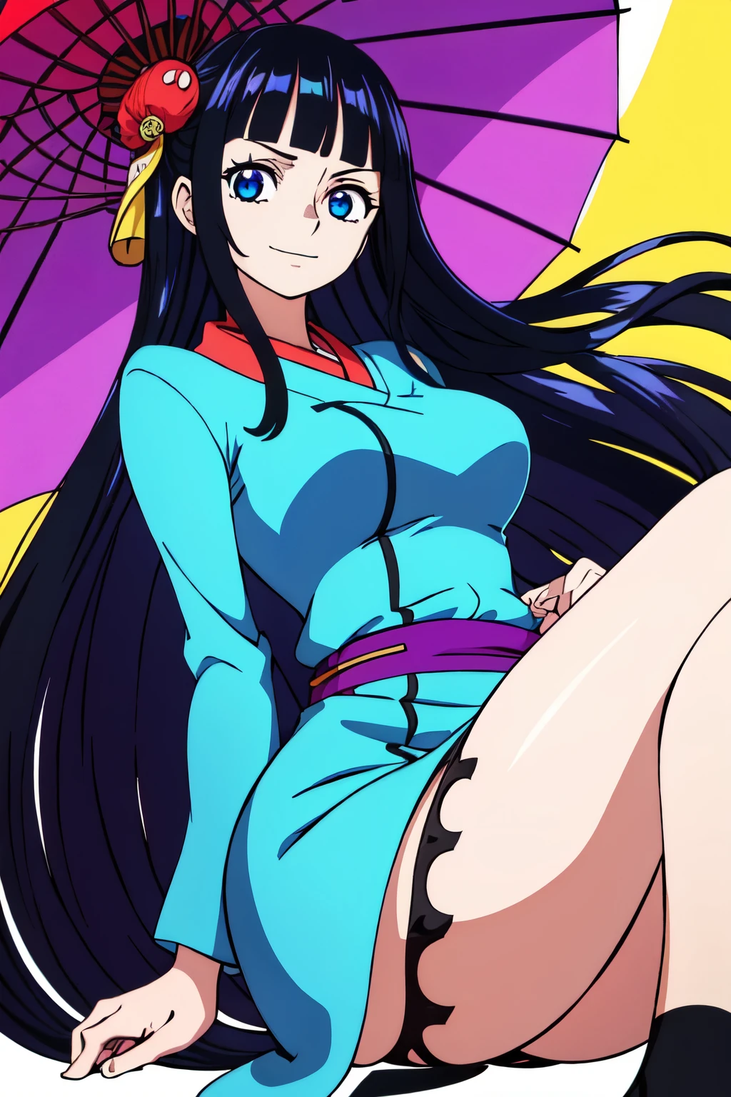 (((One Piece female character))), (Full body), (unicolor background), (((Ultra long hair))), (((Tricolor hair: black, purple, dark red))), (( long hair touches the floor)), (((electric blue eyes))), (((two moles under the left eye))), (((moles under the eye))), (((pale skin))) , ((sly smile)), (((Sexy and defined body))), (((qipao suit))), ((shows legs)), (((fishnet stockings))), (((blindfolded eyes) ))), (((big breasts))), (wide hips), (((holds umbrella in hand))), (((blindfold)))(((ultra mega long hair))), (((covered eyes))), (((defined bangs))) (((very defined details)))(((well-done drawing and illustration)))(((masterpiece))), ((( long hair 1.95 cm)))(((ultra, mega, iper, long hair))),(((Rapunzel))), (((Rapunzel style hair)))(((high quality)))( ((Detailed hands))), well-made hands, (((Very well-defined details, very detailed, mega detailed)))(((style of eiichiro oda shueisha style one peace books style a1 pictures style))).
