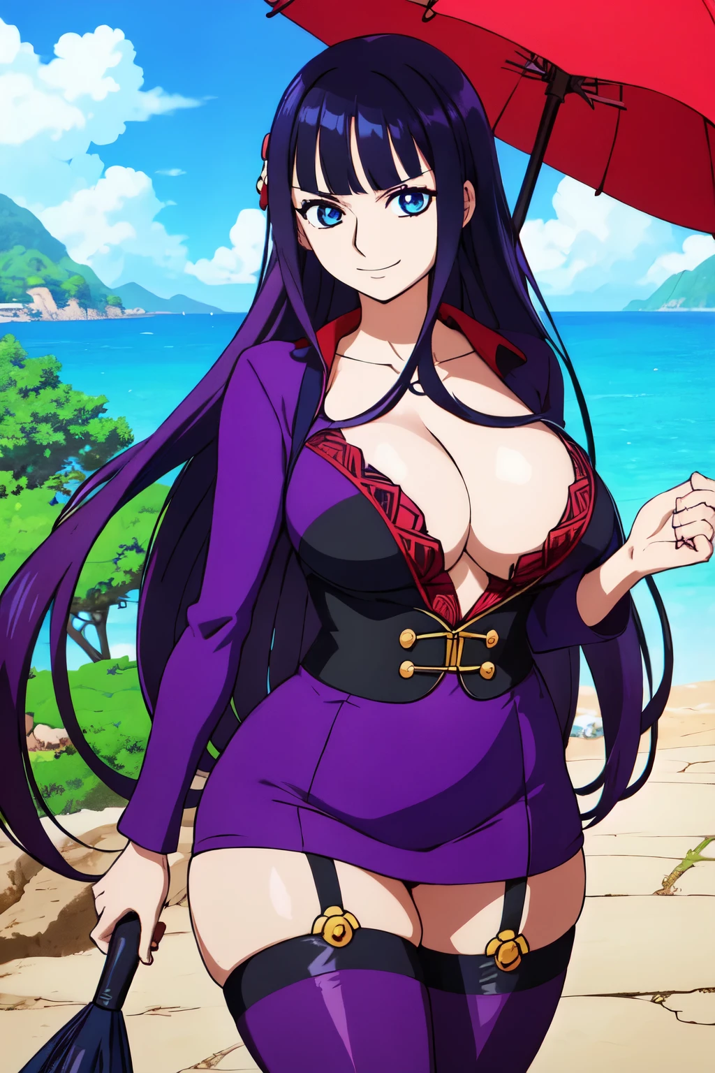 (((One Piece female character))), (Full body), (unicolor background), (((Ultra long hair))), (((Tricolor hair: black, purple, dark red))), (( long hair touches the floor)), (((electric blue eyes))), (((two moles under the left eye))), (((moles under the eye))), (((pale skin))) , ((sly smile)), (((Sexy and defined body))), (((qipao suit))), ((shows legs)), (((fishnet stockings))), (((blindfolded eyes) ))), (((big breasts))), (wide hips), (((holds umbrella in hand))), (((blindfold)))(((ultra mega long hair))), (((covered eyes))), (((defined bangs))) (((very defined details)))(((well-done drawing and illustration)))(((​masterpiece))), ((( long hair 1.95 cm)))(((ultra, mega, iper, long hair))),(((Rapunzel))), (((Rapunzel style hair)))(((high quality)))( ((Detailed hands))), well-made hands, (((Very well-defined details, very detailed, mega detailed)))(((style of eiichiro oda shueisha style one peace books style a1 pictures style))).