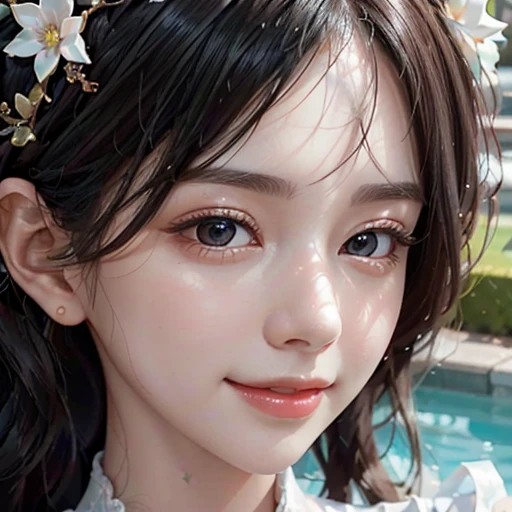 highest quality, ultra nothing, realistic, Photo of one beautiful woman, detailed face, Beautiful black hair, (detailed porcelain dolls,white dress with detailed details), Mansion Pool, (close up face), fascinating look, looking at the viewer, happy smile, Bright lighting, 